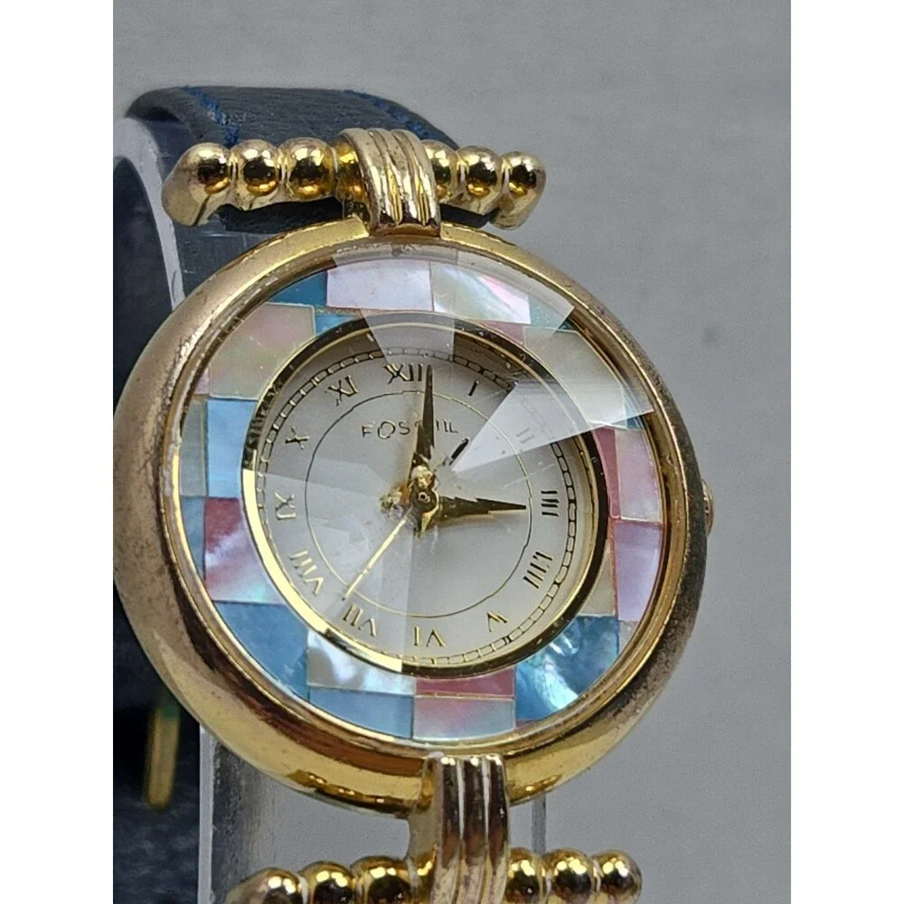 Vintage Fossil Womens Prism Mother Of Pearl Mosaic Watch Gold Tone New Battery